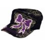 Purple Bow on Black Cadet Cap Distressed Military Army Hat