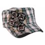 Cross on Green Plaid Cadet Cap Military Hat Distressed Visor