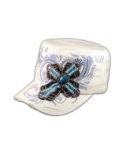 Turquoise Jeweled Cross on White Cadet Hat