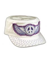Peace Sign and Wings on White Cadet Cap Military Army Hat