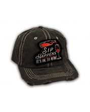 Black Sip Happens It's Ok To Wine Washed and Distressed Baseball Cap