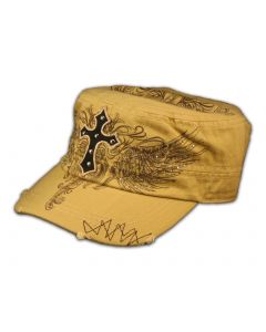 Cross on Khaki Cadet Hat Vintage Army Hat Jewels Stitching Studs
