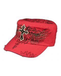 Cross on Pink Cadet Hat Vintage Army Hat Jewels Stitching Studs