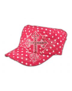Cross on Pink Polka Dot Cadet Cap Military Hat Distressed Visor