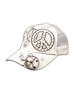 Peace Sign on White Trucker Cap Snapback Hat with Mesh Back