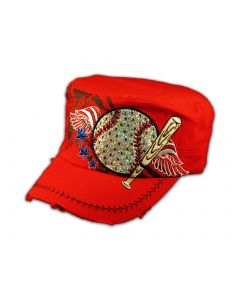 Baseball and Bat on Red Cadet Cap