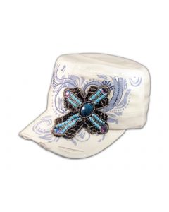 Turquoise Jeweled Cross on White Cadet Hat