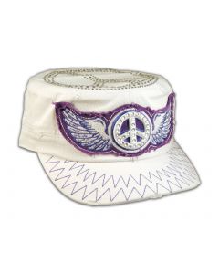 Peace Sign and Wings on White Cadet Cap Military Army Hat