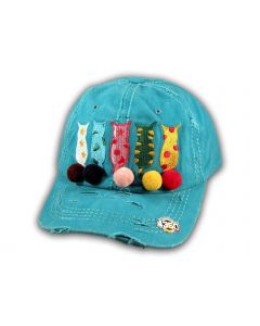 Turquoise Cat Mom Washed and Distressed Baseball Cap