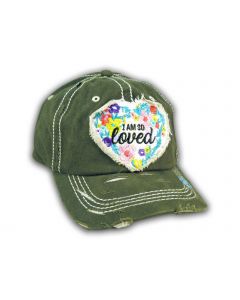 Olive Green I Am So Loved Vintage Washed and Distressed Baseball Cap