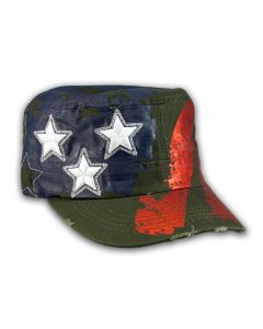 Olive Green Stars and Stripes on Cadet Cap Vintage Army Hat Distressed