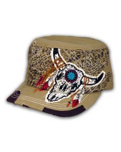 Khaki Indian Cow Skull and Horns with Feathers Cadet Cap Vintage