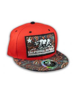 California Republic Bear on Red and Navy Paisley Baseball Snapback Hat