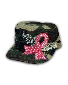 Camouflage Cadet Hat with Pink Cancer Ribbon