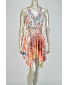 Multicolor Peach, Pink and Orange Dress with Lace Patch Neckline