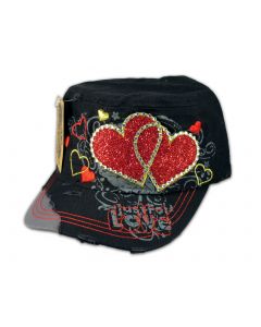 Black Cadet Cap Red Hearts Army Hat Vintage Distressed Visor