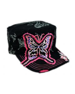 Black Cadet Pink Butterfly Castro Cap Army Hat Vintage Visor Jewel