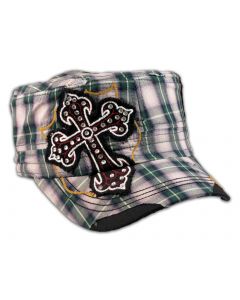 Cross on Green Plaid Cadet Cap Military Hat Distressed Visor