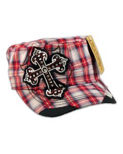 Cross on Red Plaid Cadet Cap Military Hat Distressed Visor