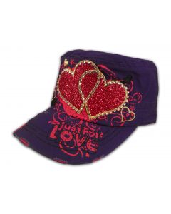 Pink Hearts on Purple Cadet Cap Army Hat Vintage Distressed Jewel