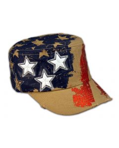 Khaki Stars and Stripes Cadet Castro Cap Vintage Army Hat Distressed