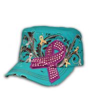 Turquoise Purple Cancer Ribbon Cadet Cap Distressed Military Army Hat