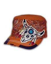 Lt Brown Indian Cow Skull and Horns with Feathers Cadet Cap Vintage