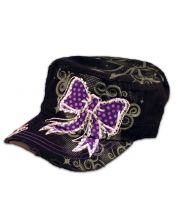 Purple Bow on Black Cadet Cap Distressed Military Army Hat