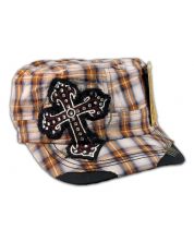 Cross on Brown Plaid Cadet Cap Military Hat Distressed Visor