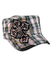 Cross on Green Plaid Cadet Cap Military Hat Distressed Visor