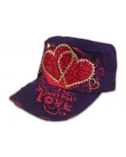 Pink Hearts on Purple Cadet Cap Army Hat Vintage Distressed Jewel