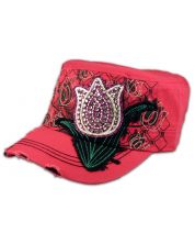 Purple Rose Bud on Pink Cadet Cap Military Hat Distressed Visor